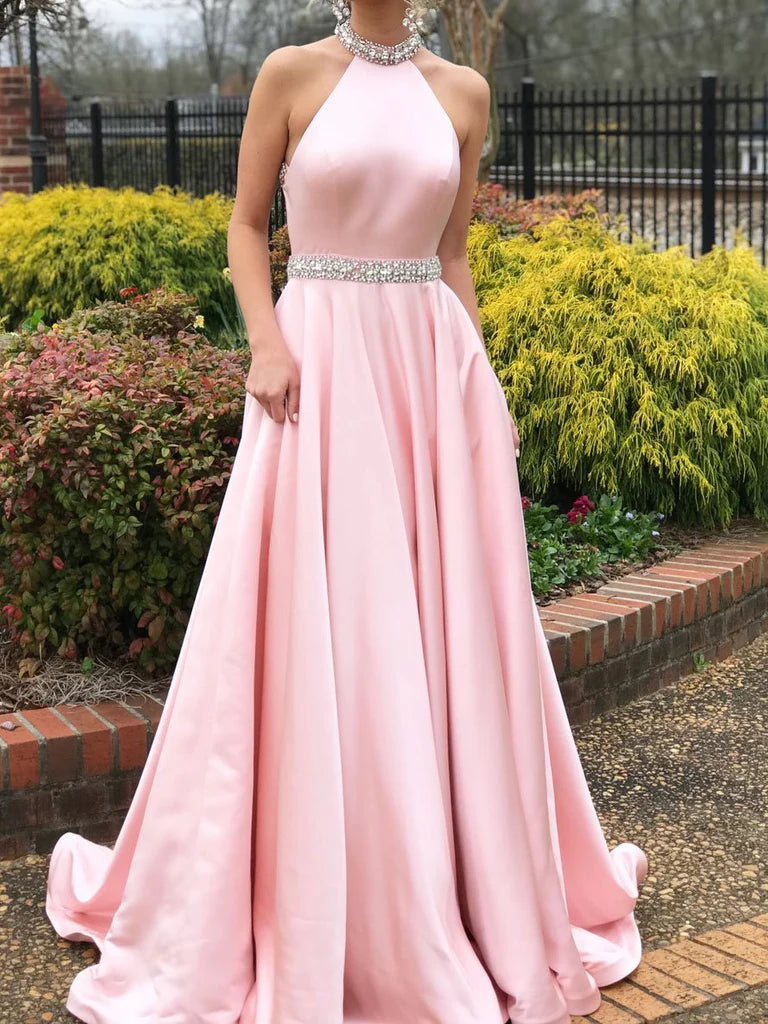 Luolandi Popular Satin Jewel Neckline Backless Sweep Train A-line Prom Dresses With Rhinestones Evening Dresses
